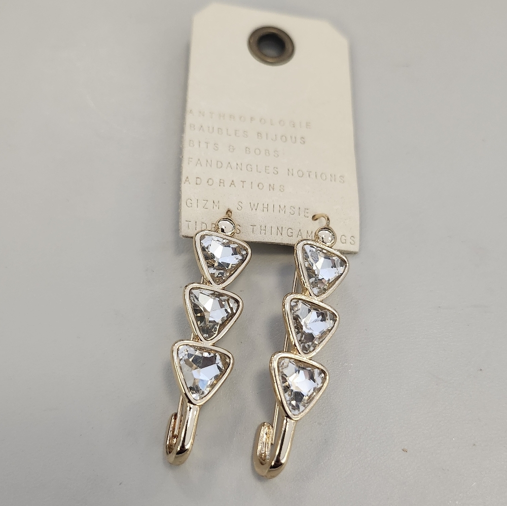 New W/Out Tags Anthropologie Gold-Tone Triple Triangle Crystal Earrings